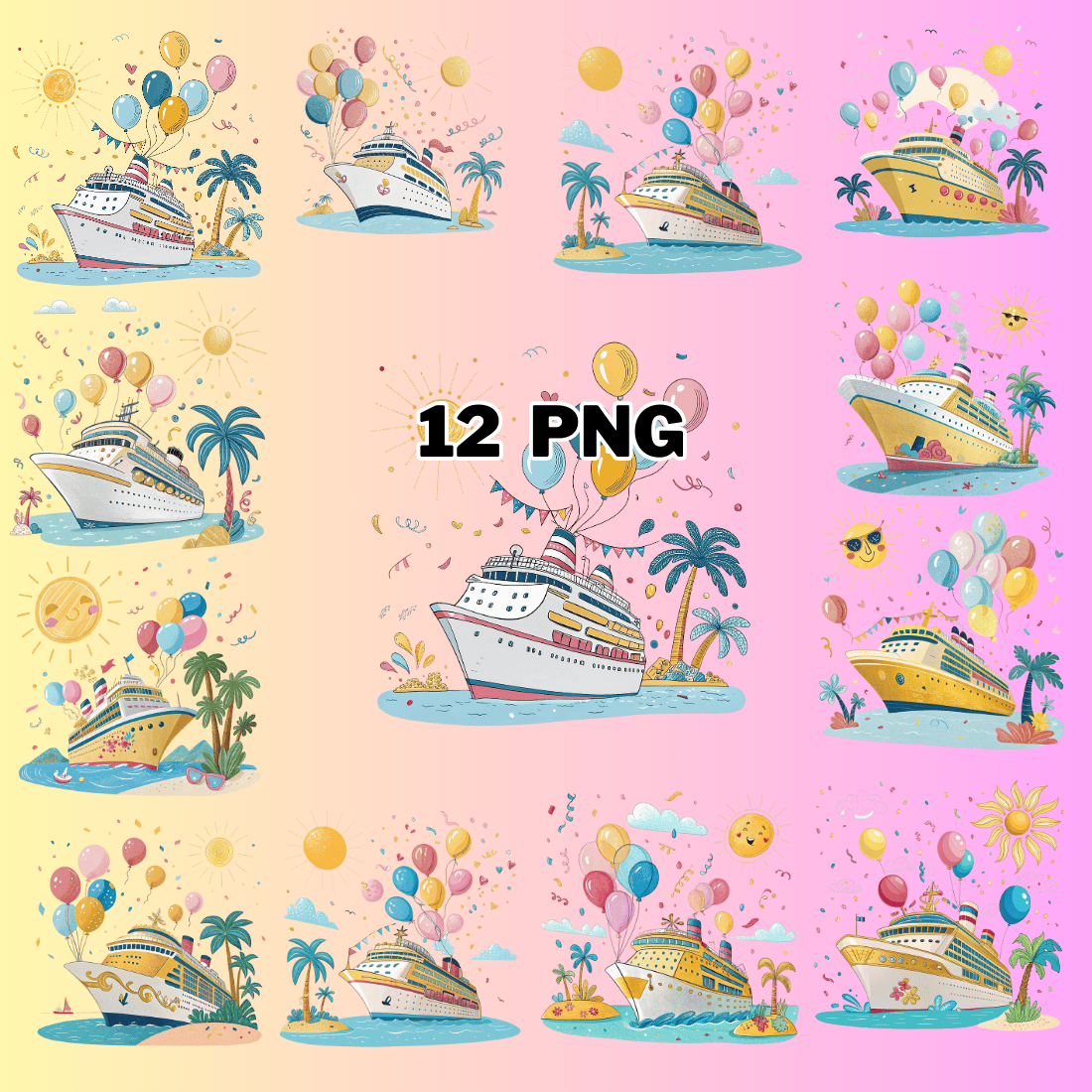 Watercolor Festive Cruise Ship with Balloons Sublimation Clipart Bundle preview image.