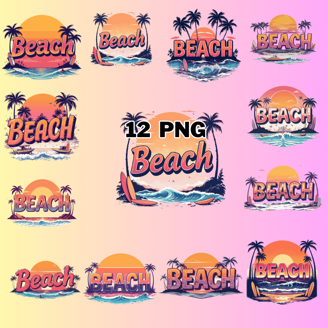 Watercolor Sunset Beach Sublimation Clipart Bundle preview image.