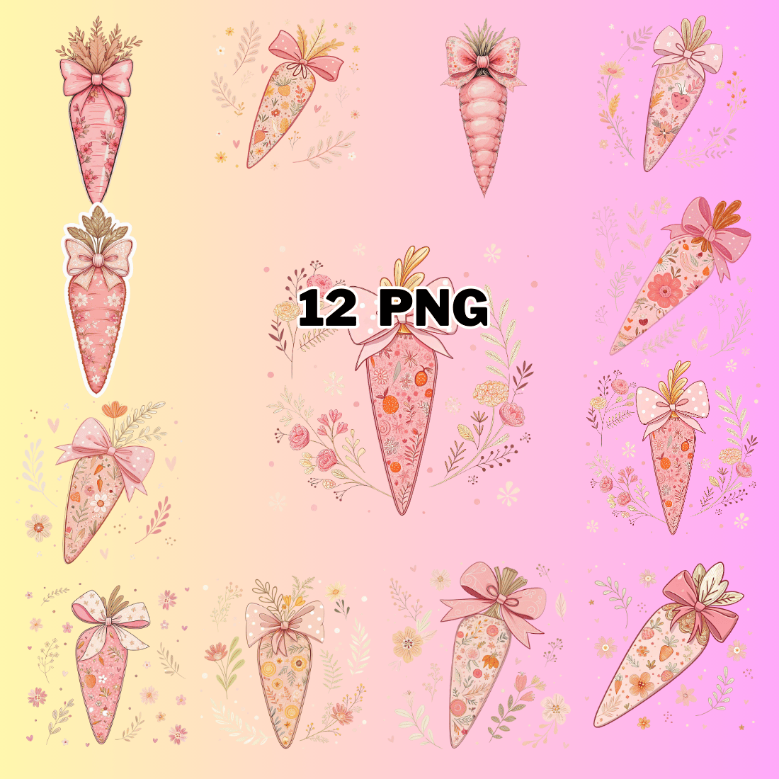 Watercolor Pink Carrot with Flowers Sublimation Clipart Bundle preview image.