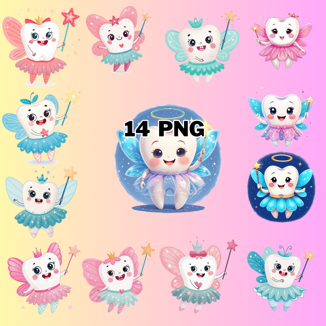 Colorful Cute Tooth Fairy Sublimation Clipart Bundle preview image.