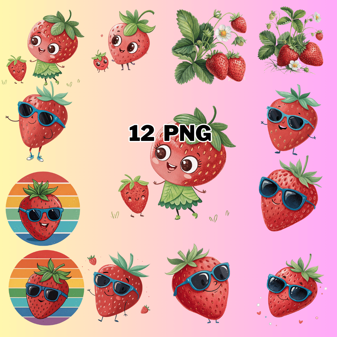 Watercolor Cute Strawberry Sublimation Clipart Bundle preview image.