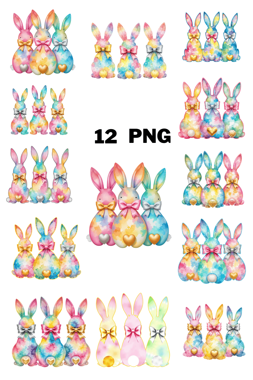 Watercolor Bunnies with Bows Sublimation Clipart Bundle pinterest preview image.