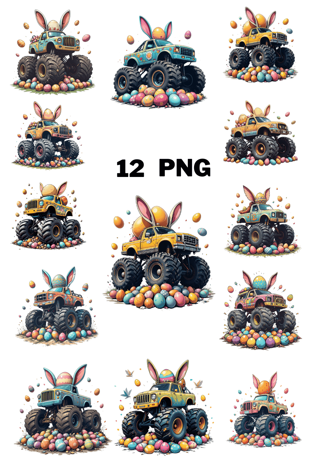 Watercolor  Monster Truck with Bunny Ear and Eggs Sublimation Clipart Bundle pinterest preview image.