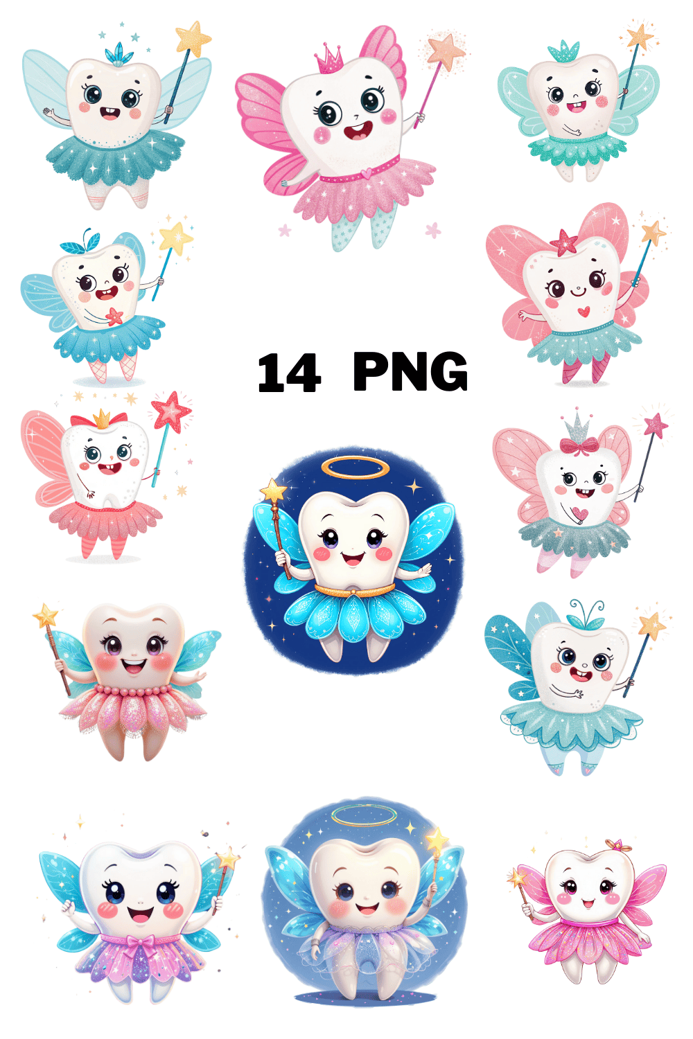 Colorful Cute Tooth Fairy Sublimation Clipart Bundle pinterest preview image.