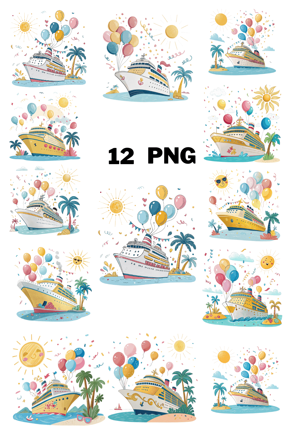 Watercolor Festive Cruise Ship with Balloons Sublimation Clipart Bundle pinterest preview image.