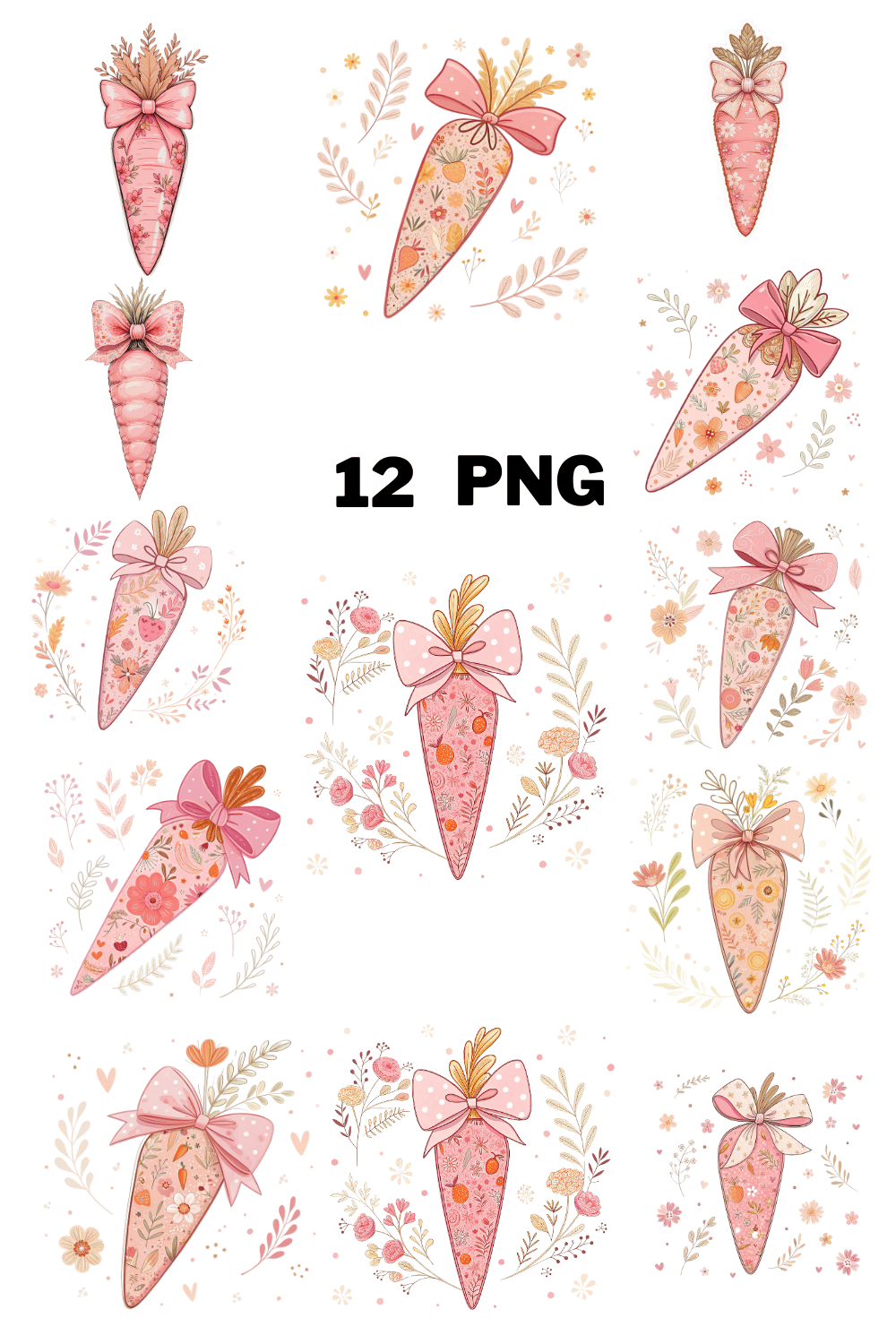 Watercolor Pink Carrot with Flowers Sublimation Clipart Bundle pinterest preview image.