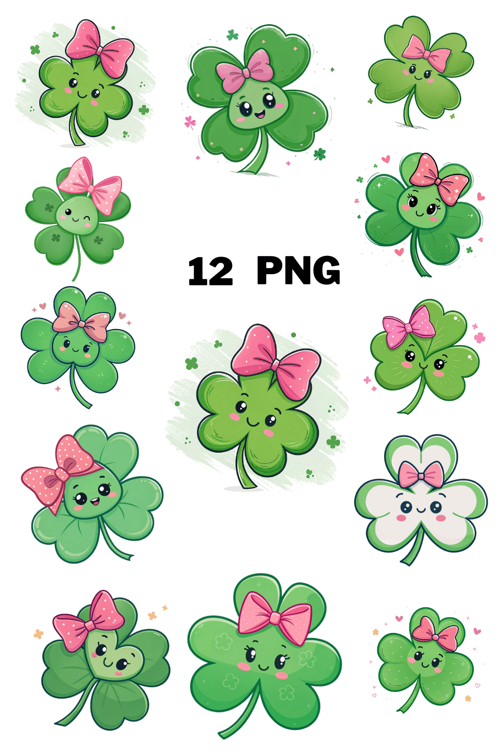 Watercolor Cute Shamrock With Bow Sublimation Clipart Bundle pinterest preview image.