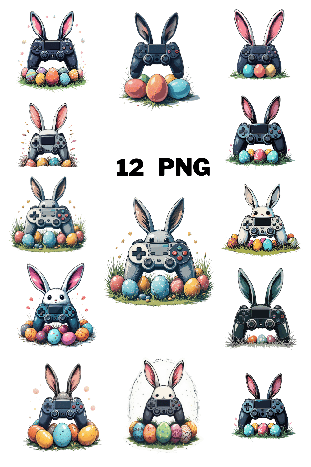 Watercolor Bunny Gamer with Eggs Sublimation Clipart Bundle pinterest preview image.