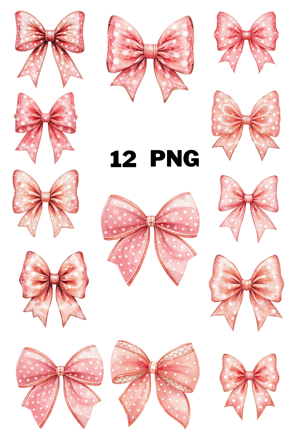 Watercolor Pink Bow with Polka Dots Sublimation Clipart Bundle pinterest preview image.