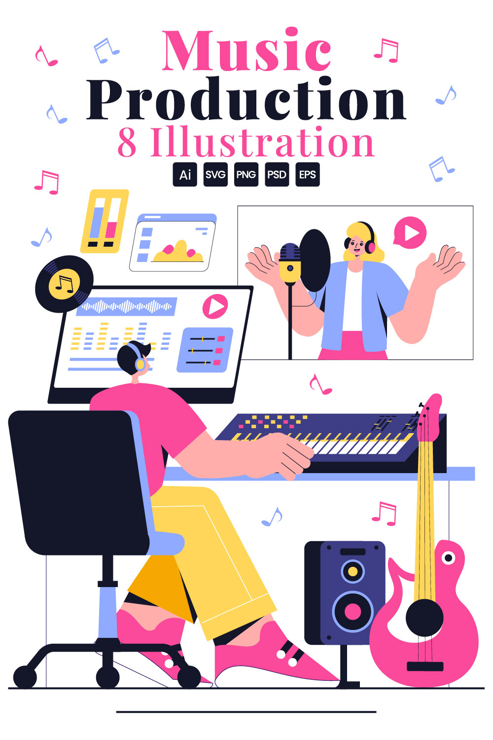 8 Music Production Illustration pinterest preview image.