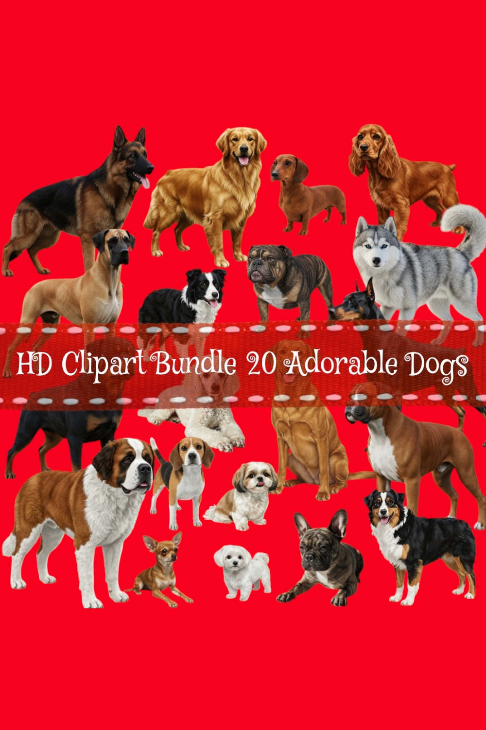 "20 Dog Breeds PNG Clipart Bundle | High-Quality 4000x4000 PX | Transparent Background | Digital Stickers & Sublimation Graphics" pinterest preview image.