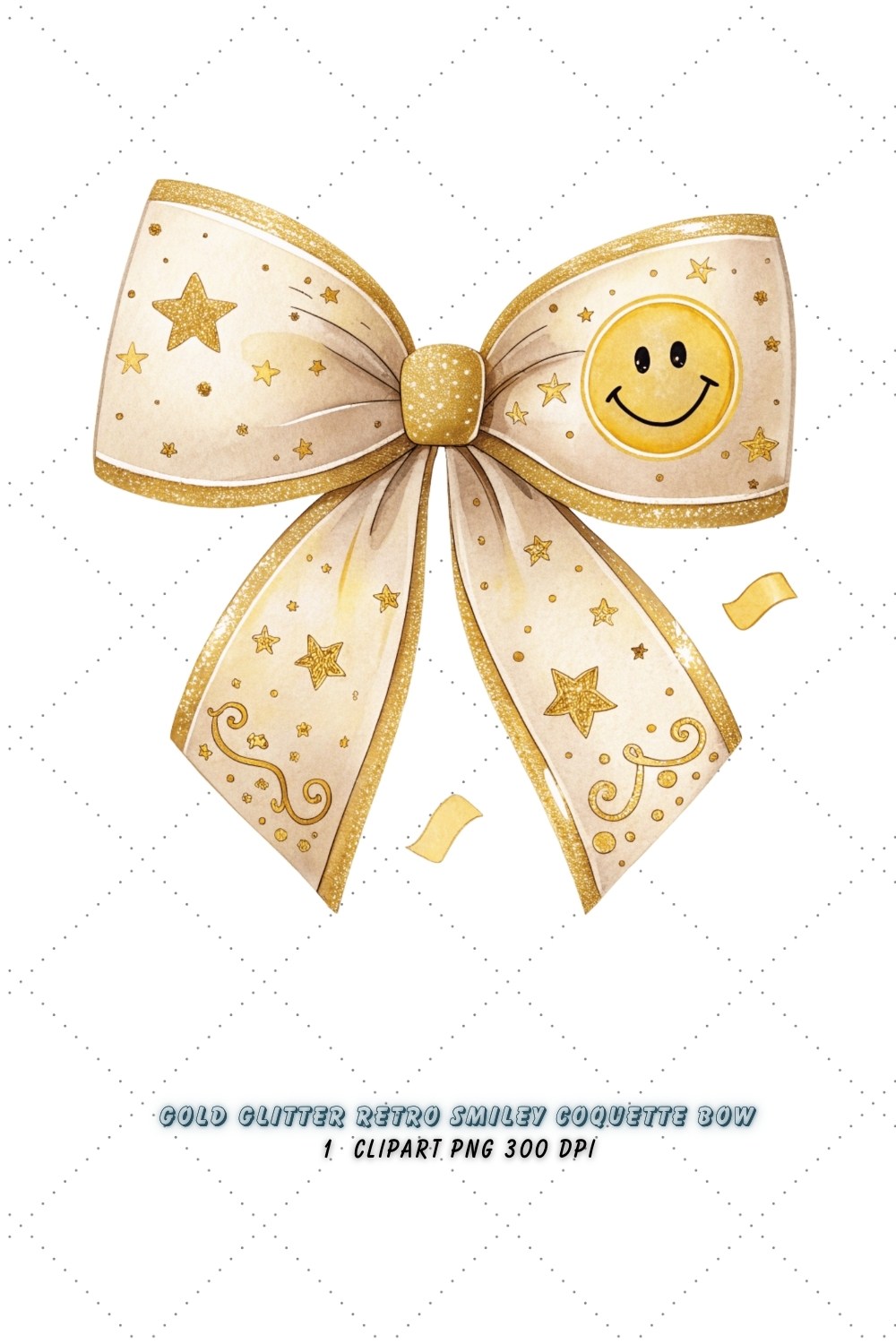 Gold Glitter Retro Smiley Coquette Bow Clipart, gold retro bow, smiley coquette bow, glitter bow design, retro smiley clipart, digital bow design, luxurious gold bow, smiley bow art, gold vintage design, coquette bow art, smiley sublimation design pinterest preview image.