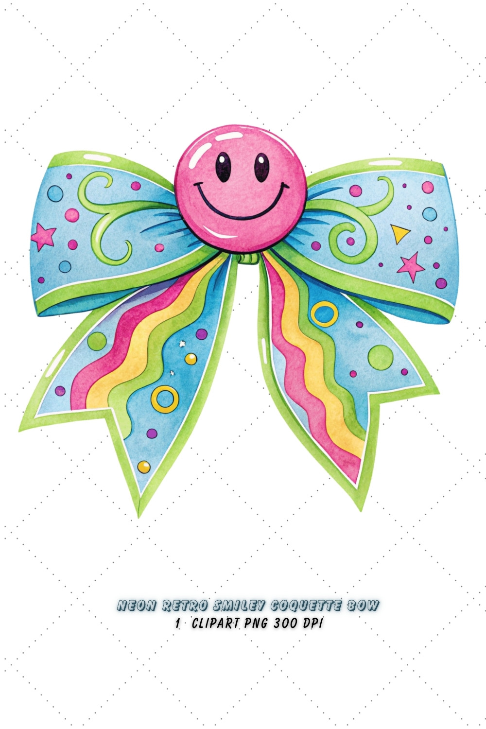 Neon Retro Smiley Coquette Bow Clipart, neon retro bow, smiley coquette bow, vibrant bow design, retro smiley clipart, digital bow design, glowing neon bow, smiley bow art, neon vintage design, coquette bow art, smiley sublimation design pinterest preview image.