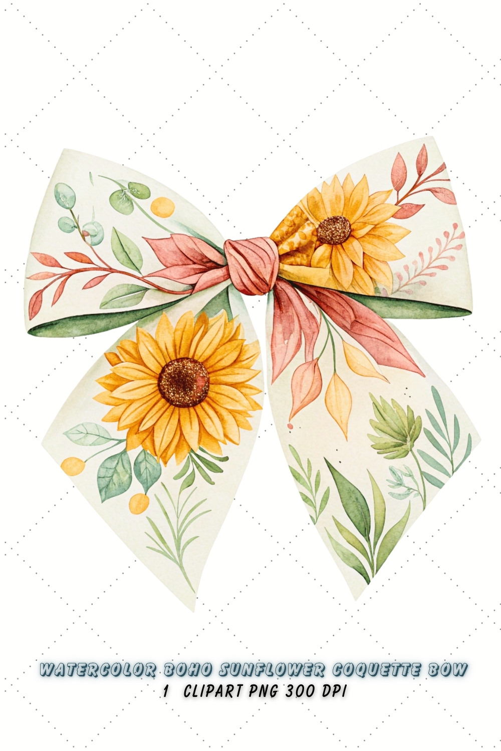 Watercolor Boho Sunflower Coquette Bow Clipart, watercolor boho bow, sunflower coquette bow, artistic bow design, boho sunflower clipart, digital bow design, blended watercolor bow, sunflower bow art, boho artistic design, coquette bow art, sunflower sublimation design pinterest preview image.