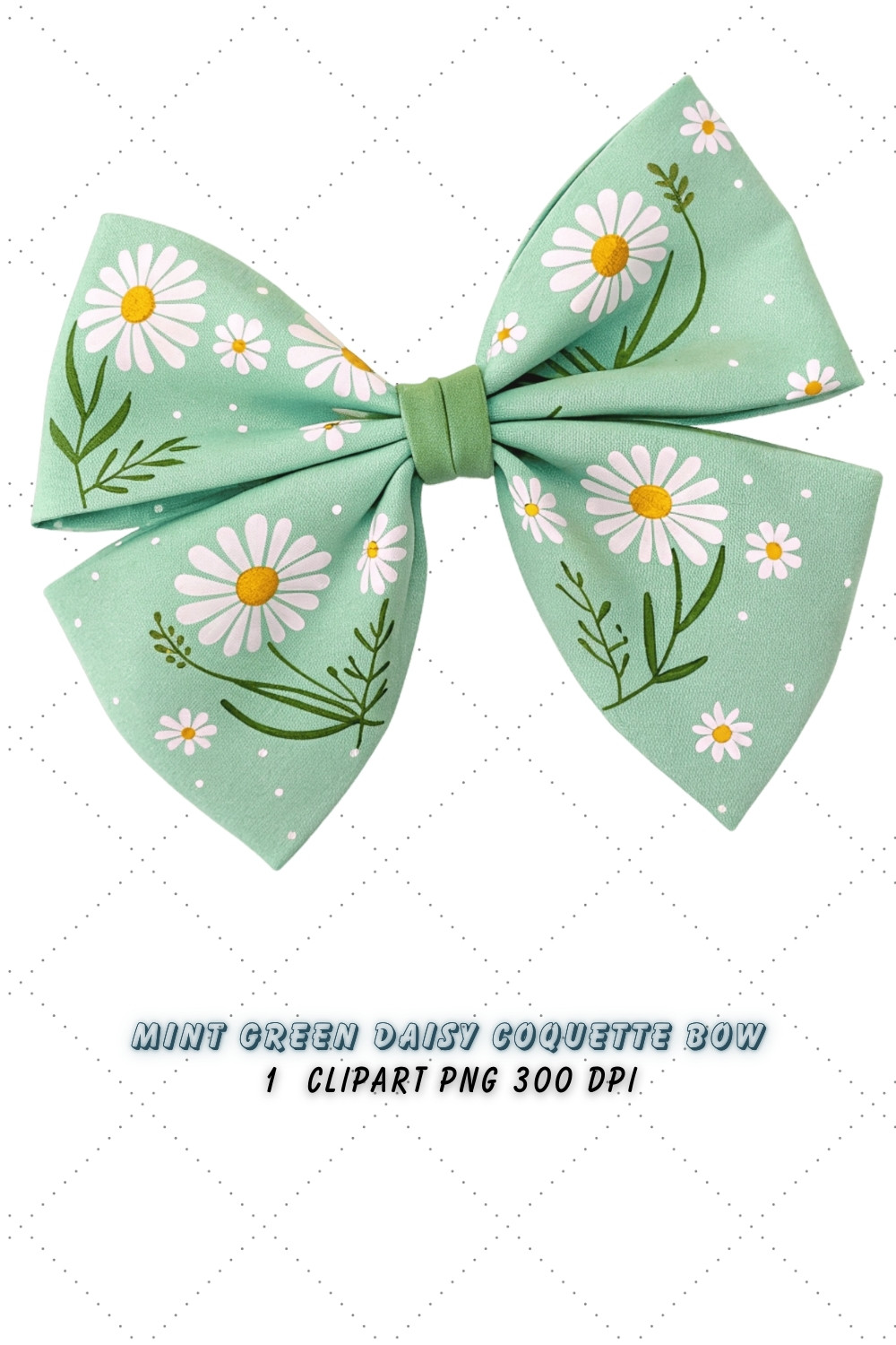 Mint Green Daisy Coquette Bow Clipart, mint green bow, coquette bow clipart, spring floral bow, daisy flower bow, digital bow design, mint floral bow, fresh coquette bow, spring daisy clipart, floral bow design, green daisy bow pinterest preview image.