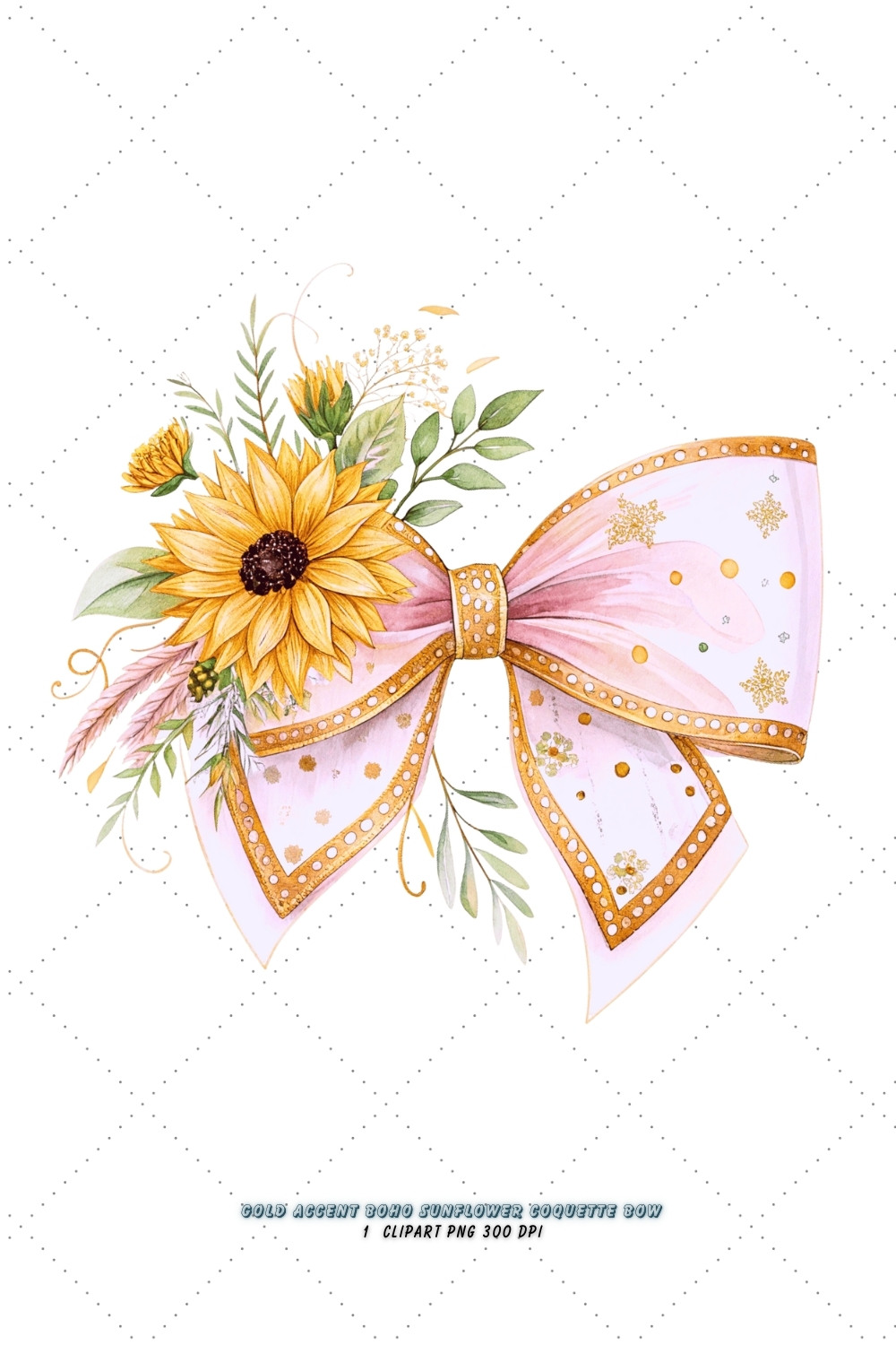 Gold Accent Boho Sunflower Coquette Bow Clipart, gold boho bow, sunflower coquette bow, luxurious bow design, boho sunflower clipart, digital bow design, gold accent bow, sunflower bow art, boho gold design, coquette bow art, sunflower sublimation design pinterest preview image.