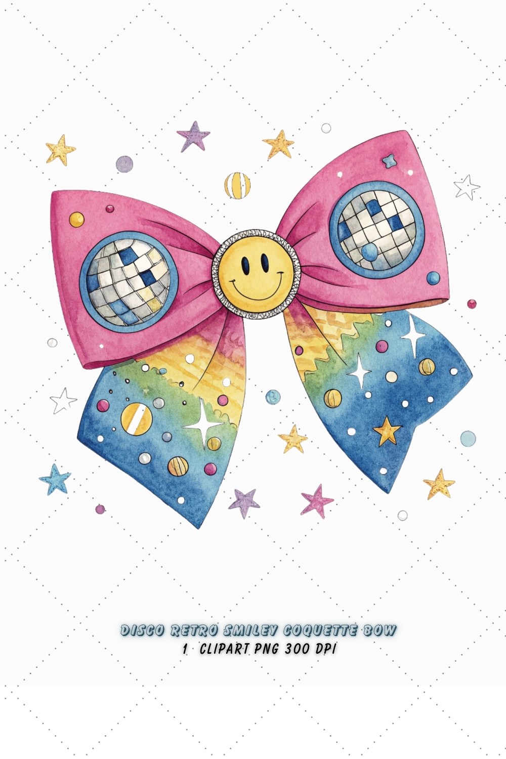 Disco Retro Smiley Coquette Bow Clipart, disco retro bow, smiley coquette bow, glitter bow design, retro smiley clipart, digital bow design, party disco bow, smiley bow art, disco vintage design, coquette bow art, smiley sublimation design pinterest preview image.