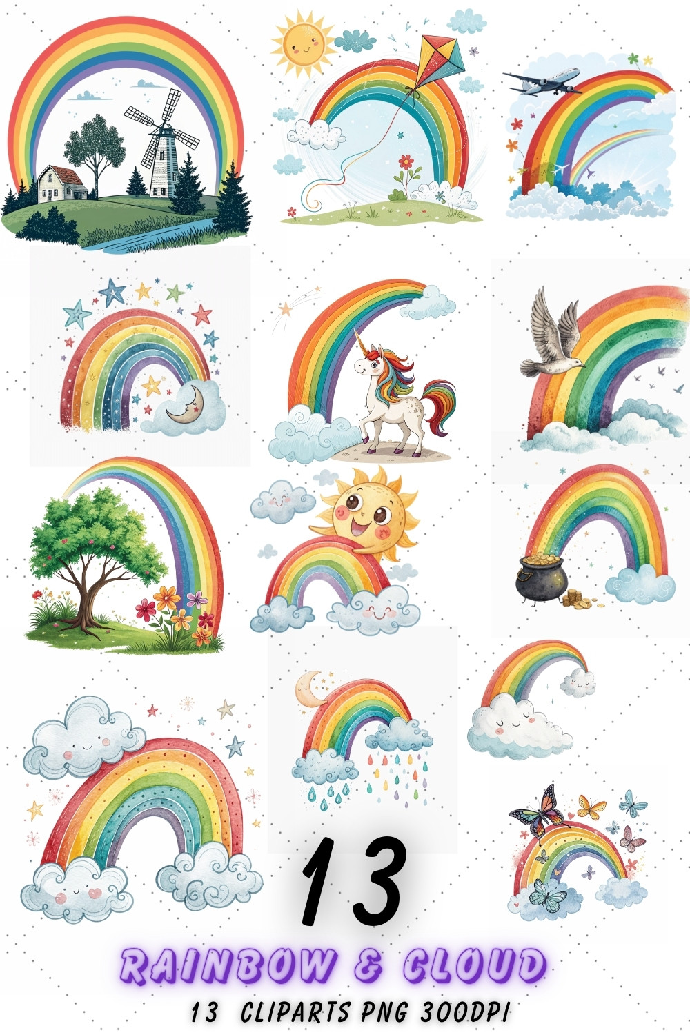 Rainbow & Cloud Sublimation Clipart Set – Vibrant Designs for T-Shirts, Mugs, and DIY Projects pinterest preview image.