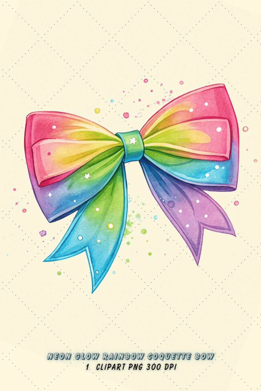 Neon Glow Rainbow Coquette Bow Clipart, neon rainbow bow, glowing coquette bow, vibrant bow design, rainbow clipart art, digital bow design, neon glow design, glowing bow art, vibrant rainbow glow, coquette bow art, rainbow sublimation design pinterest preview image.