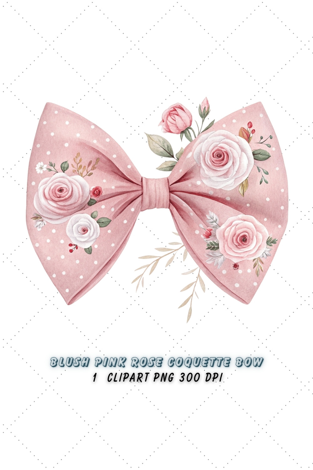 Blush Pink Rose Coquette Bow Clipart, blush pink bow, coquette bow clipart, spring floral bow, rose flower bow, digital bow design, pink floral bow, romantic coquette bow, spring rose clipart, floral bow design, pink rose bow pinterest preview image.