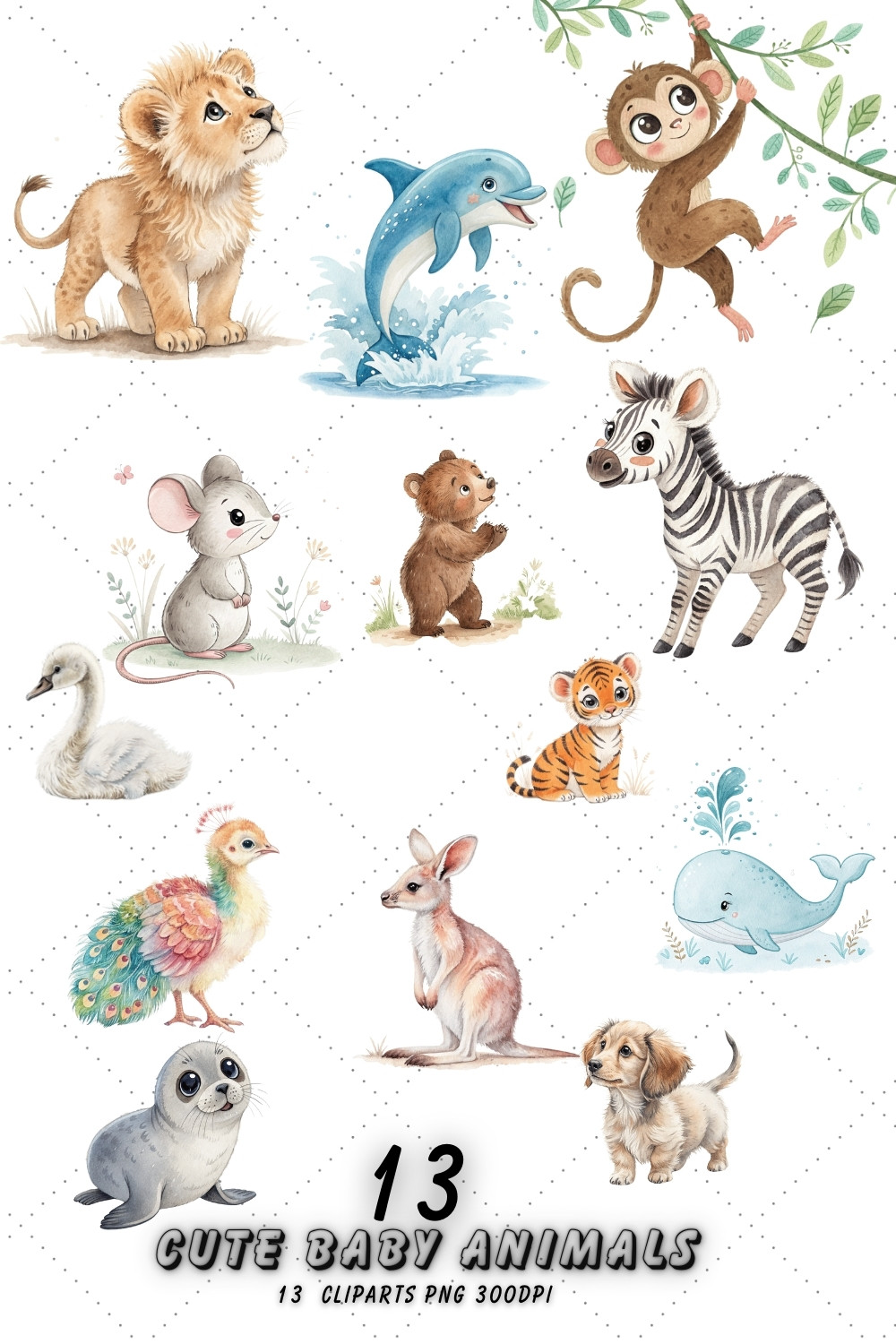 Whimsical Baby Animals Watercolor Clipart – Adorable Illustrations for Spring, Easter, and Nursery Themes pinterest preview image.