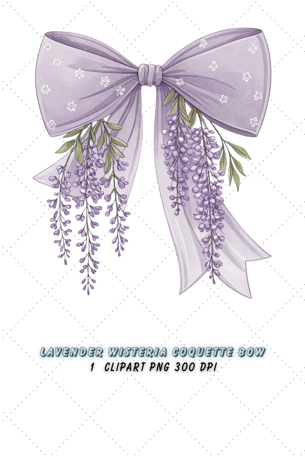 Lavender Wisteria Coquette Bow Clipart, coquette bow clipart, spring floral bow, wisteria flower bow, digital bow design, lavender floral bow, elegant coquette bow, spring wisteria clipart, floral bow design, purple wisteria bow pinterest preview image.