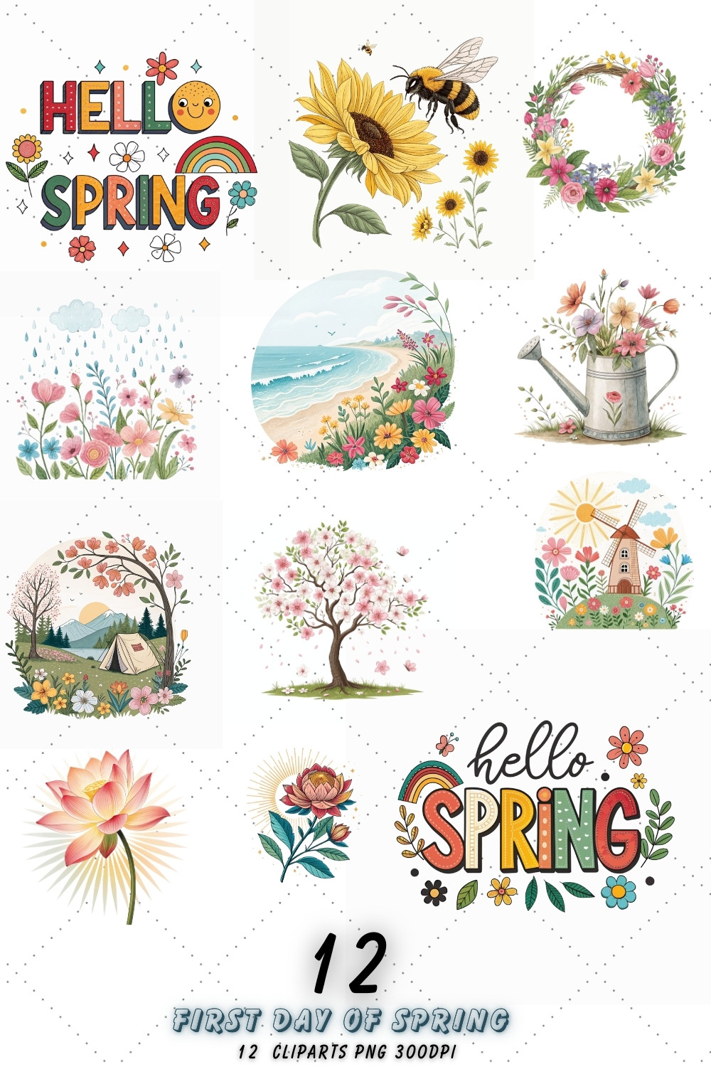 First Day of Spring Sublimation Clipart Pack – Vibrant Designs for T-Shirts, Mugs, and DIY Projects pinterest preview image.