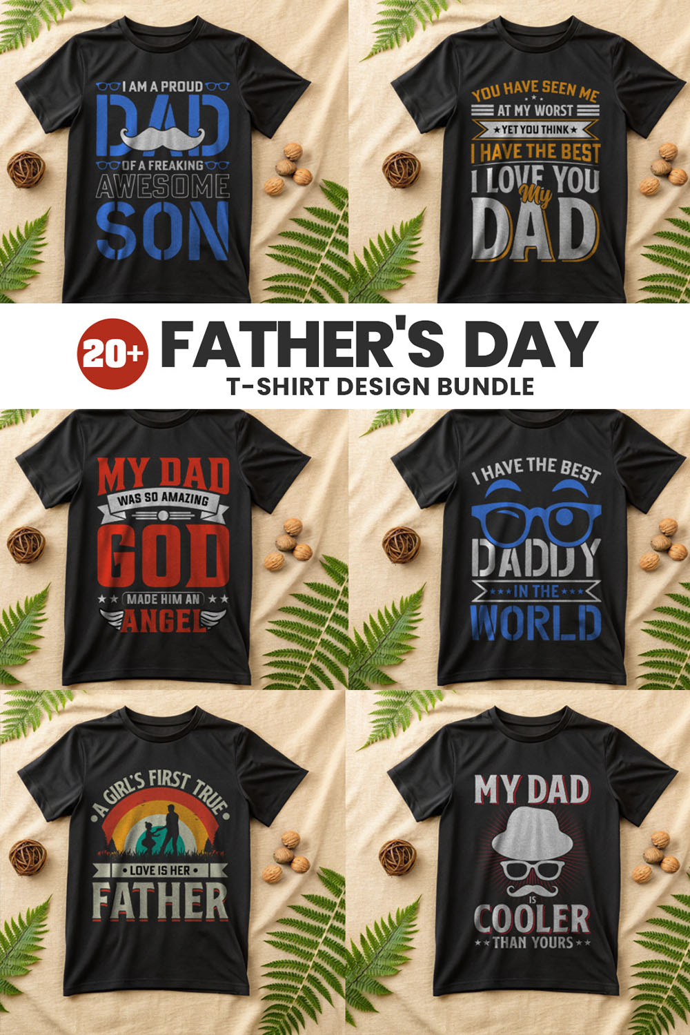 Father’s Day T-Shirt Design Bundle | 20+ Unique Dad-Inspired Designs pinterest preview image.