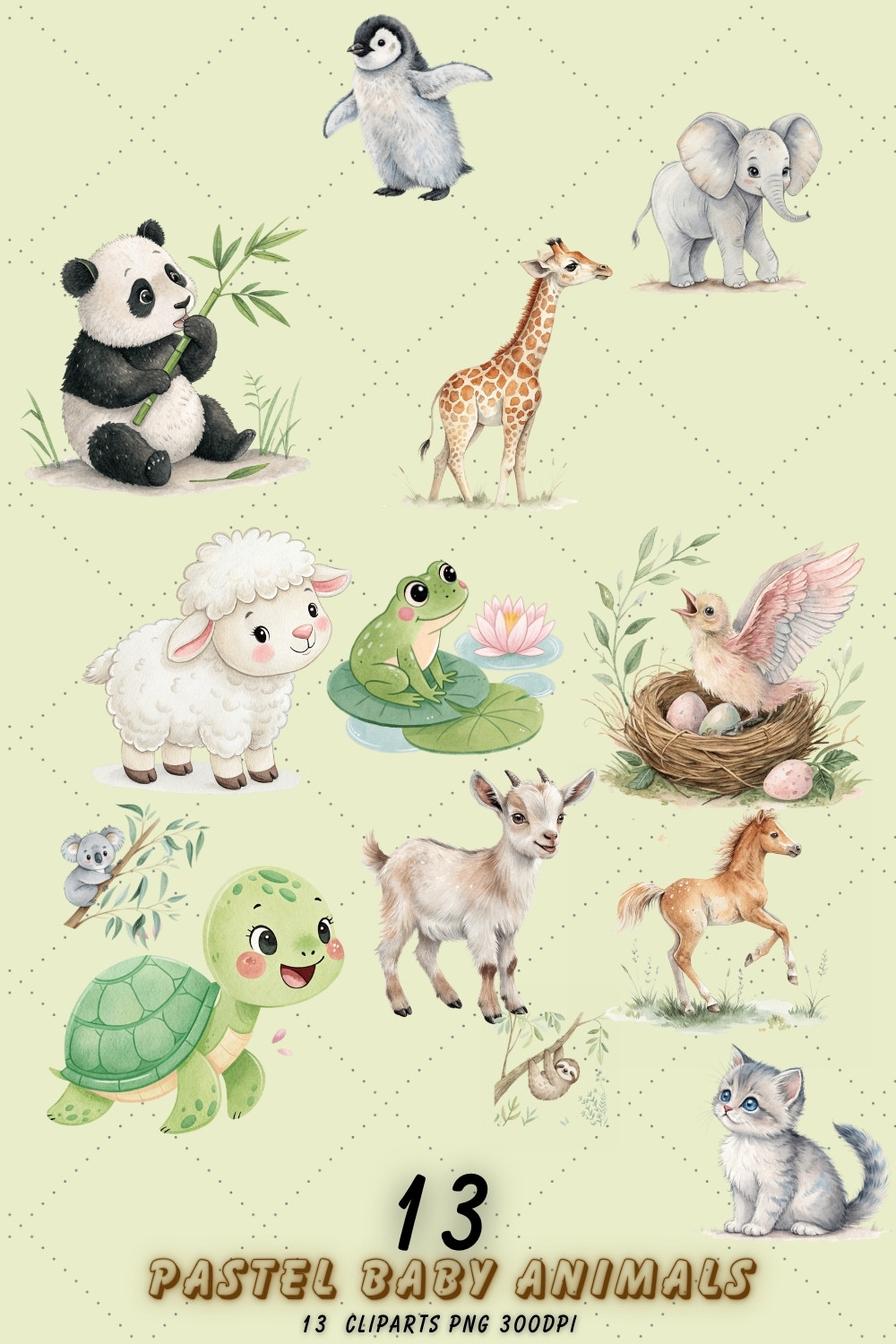 Adorable Spring Baby Animals Watercolor Clipart – Perfect for Nursery Art, Invitations, and Sublimation Projects pinterest preview image.