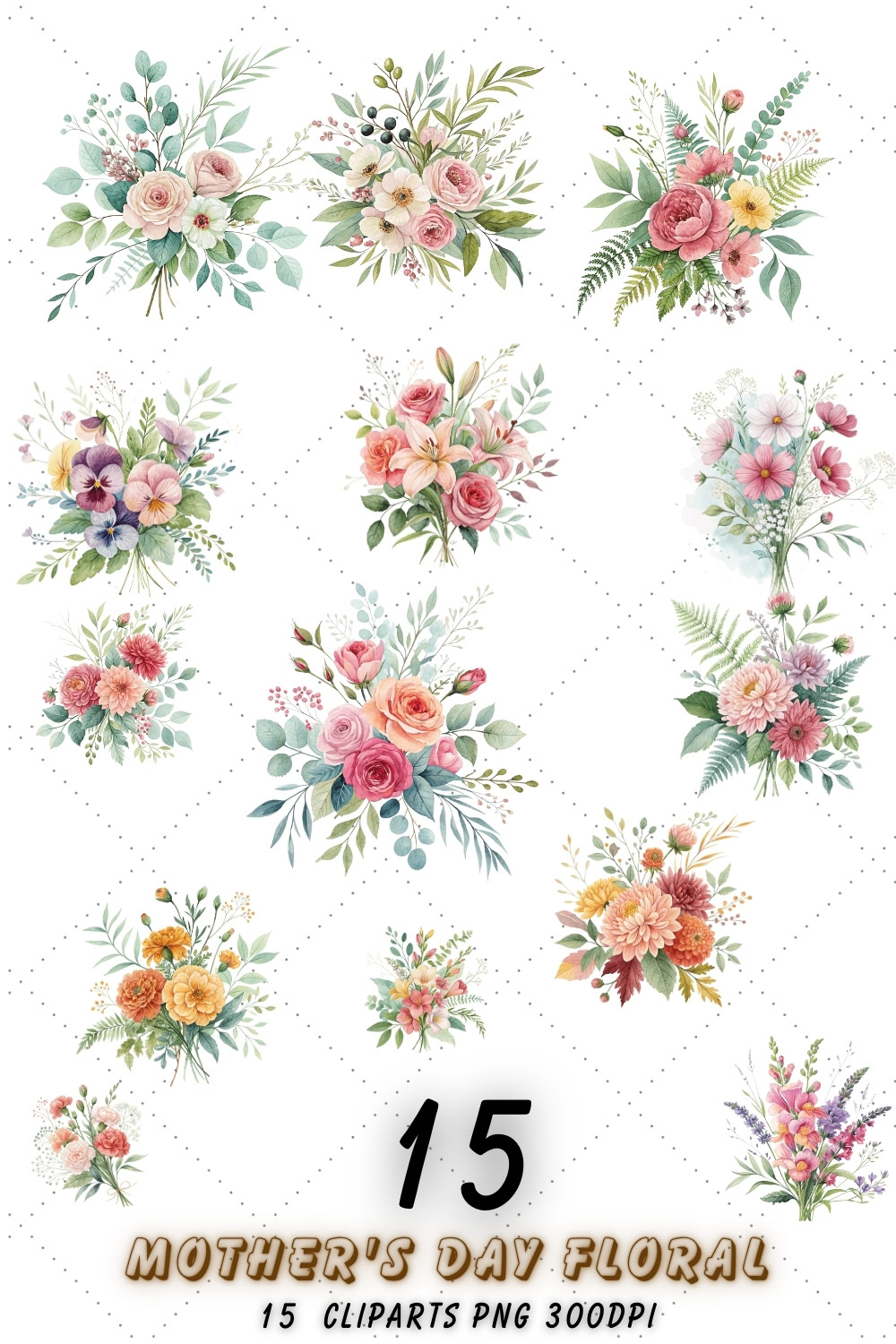 Mother's Day Floral Bouquet Sublimation Clipart – Watercolor Designs for Cards, Invitations, and DIY Projects pinterest preview image.