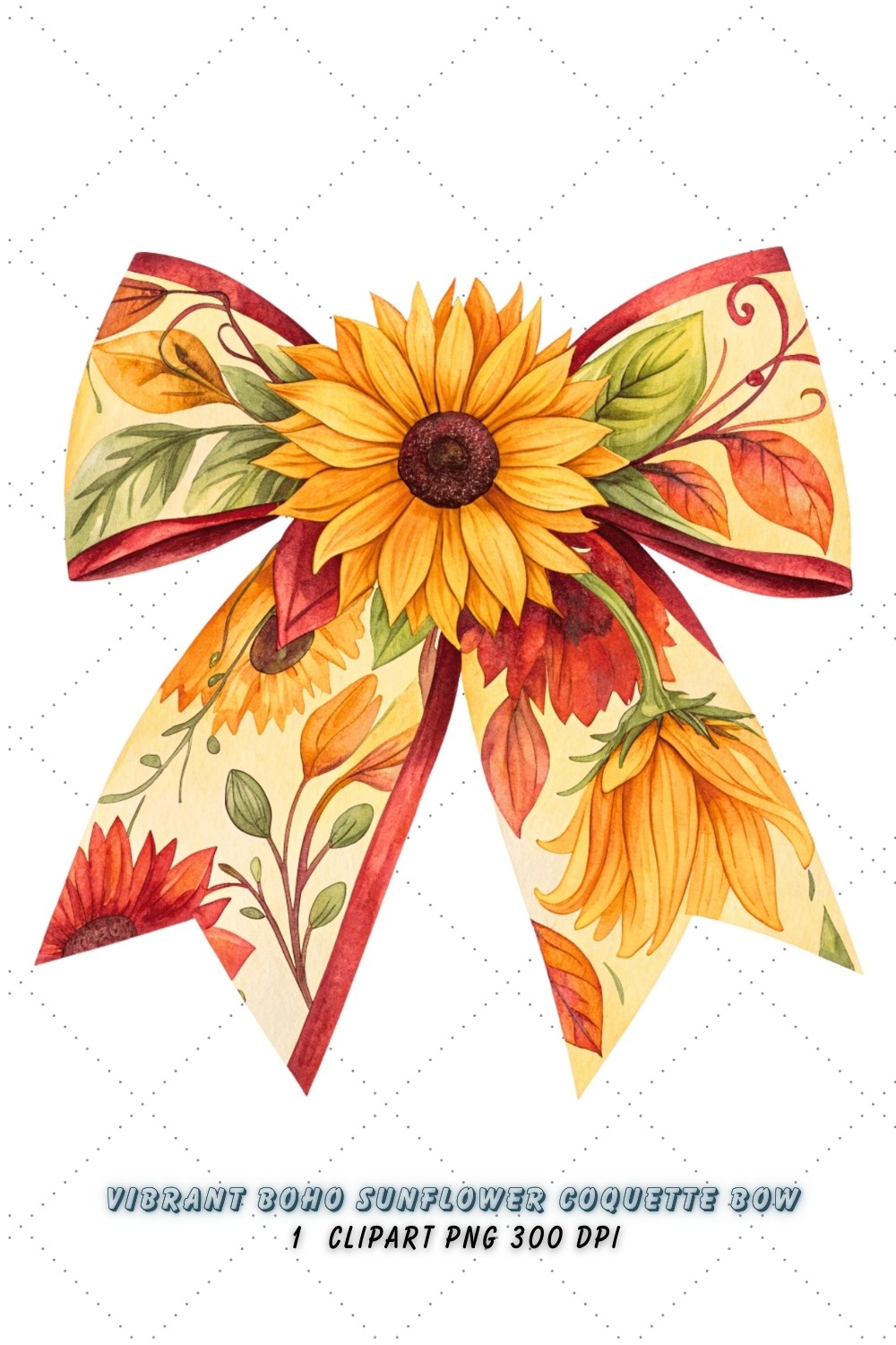 Vibrant Boho Sunflower Coquette Bow Clipart, vibrant boho bow, sunflower coquette bow, colorful bow design, boho sunflower clipart, digital bow design, lively vibrant bow, sunflower bow art, boho colorful design, coquette bow art, sunflower sublimation design pinterest preview image.