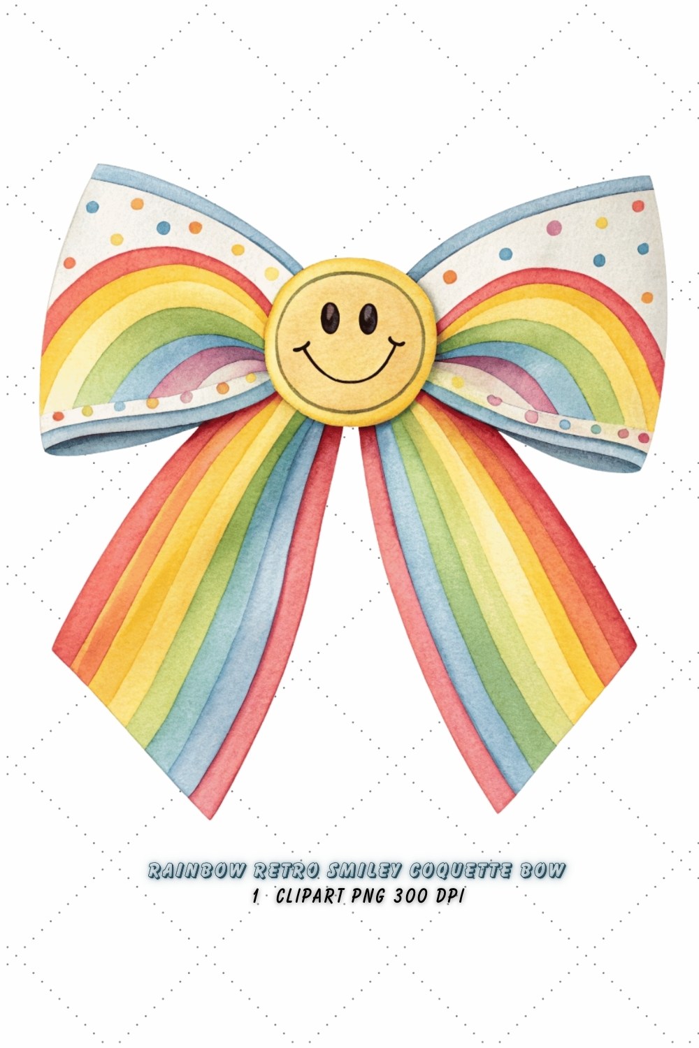 Rainbow Retro Smiley Coquette Bow Clipart, rainbow retro bow, smiley coquette bow, colorful bow design, retro smiley clipart, digital bow design, cheerful rainbow bow, smiley bow art, rainbow vintage design, coquette bow art, smiley sublimation design pinterest preview image.