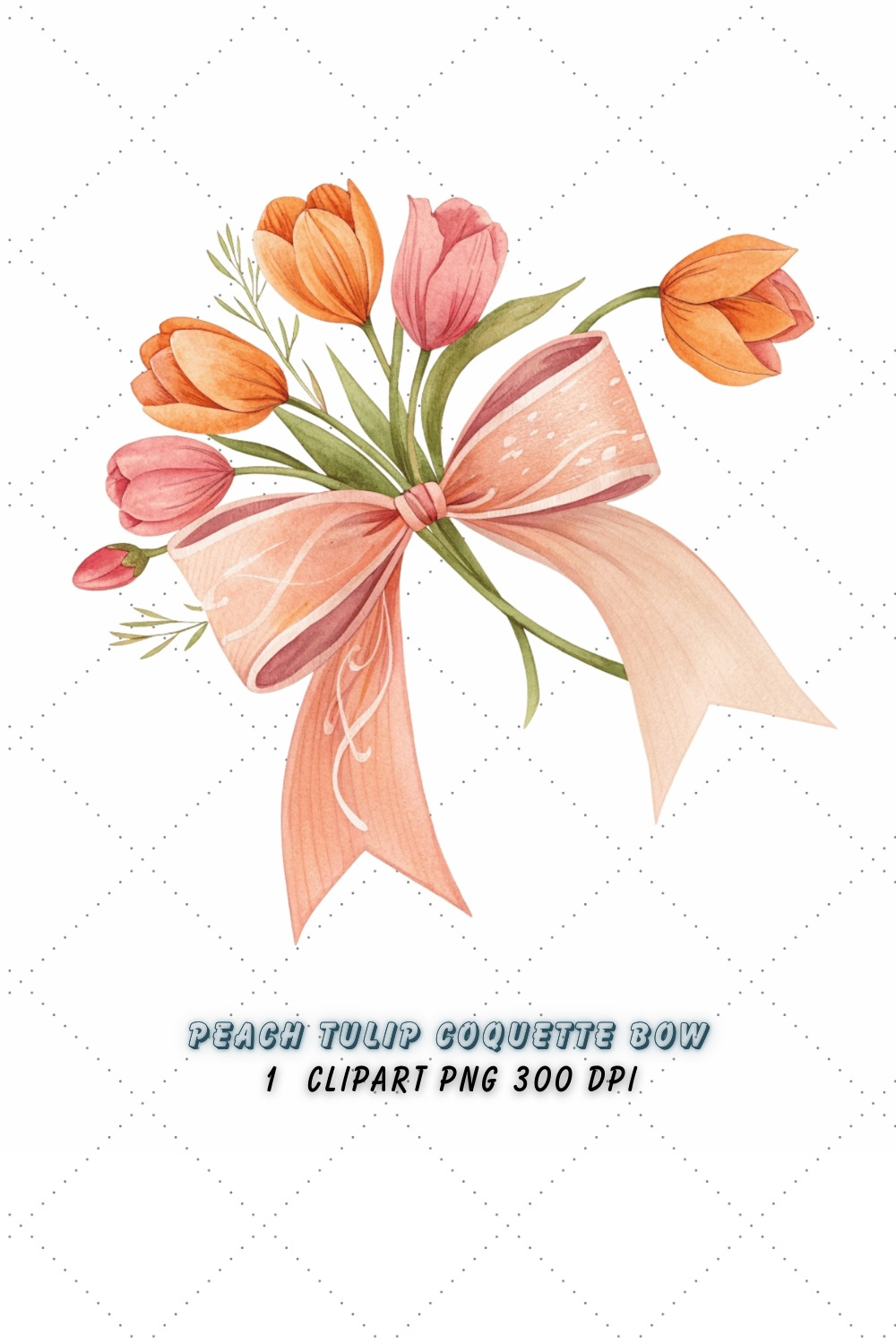 Peach Tulip Coquette Bow Clipart, peach tulip bow, coquette bow clipart, spring floral bow, tulip flower bow, digital bow design, peach floral bow, elegant coquette bow, spring tulip clipart, floral bow design, vibrant tulip bow pinterest preview image.