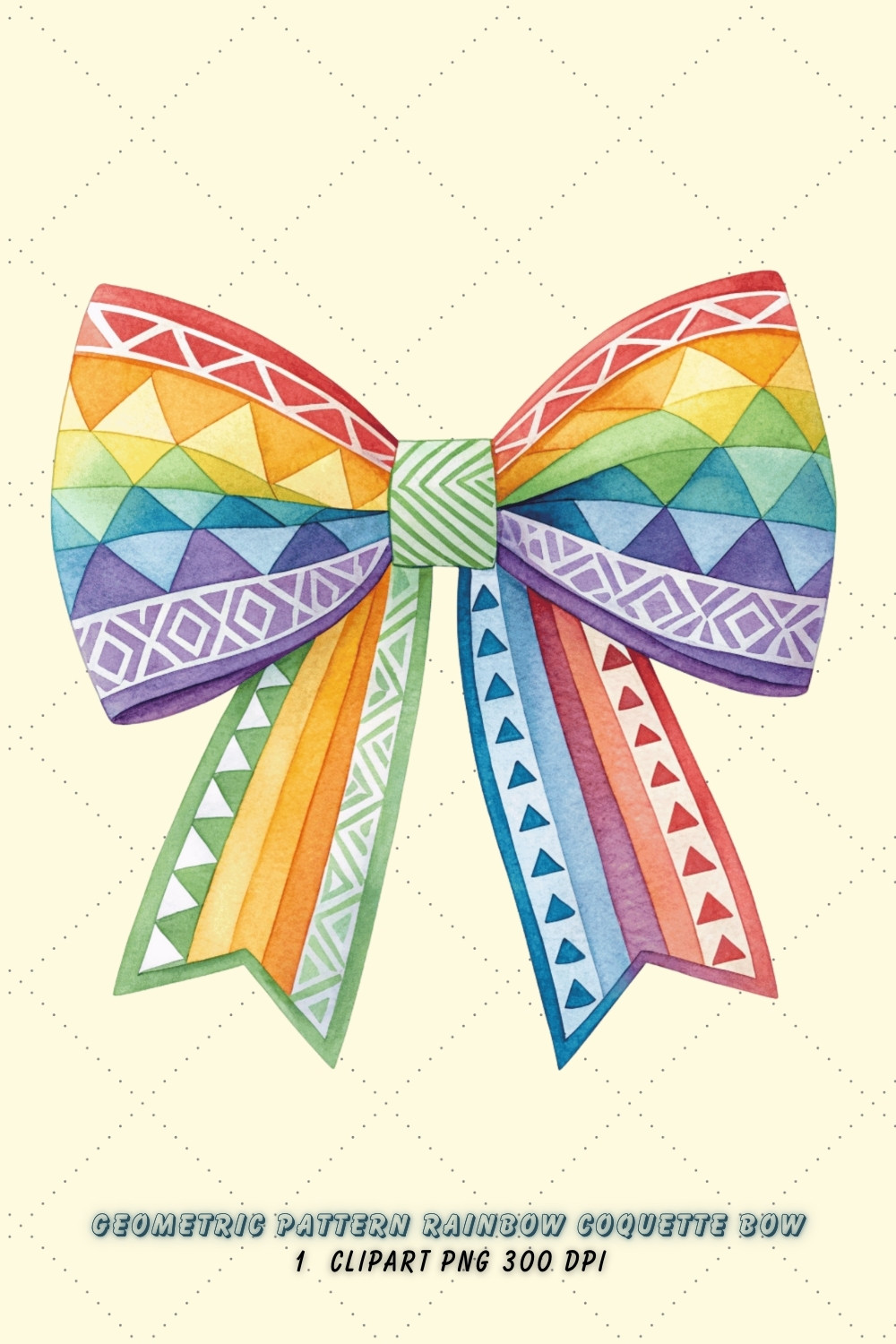 Geometric Rainbow Coquette Bow Clipart with Patterns, geometric rainbow bow, patterned coquette bow, modern bow design, rainbow clipart art, digital bow design, geometric pattern design, patterned bow art, modern rainbow pattern, coquette bow art, rainbow sublimation design pinterest preview image.