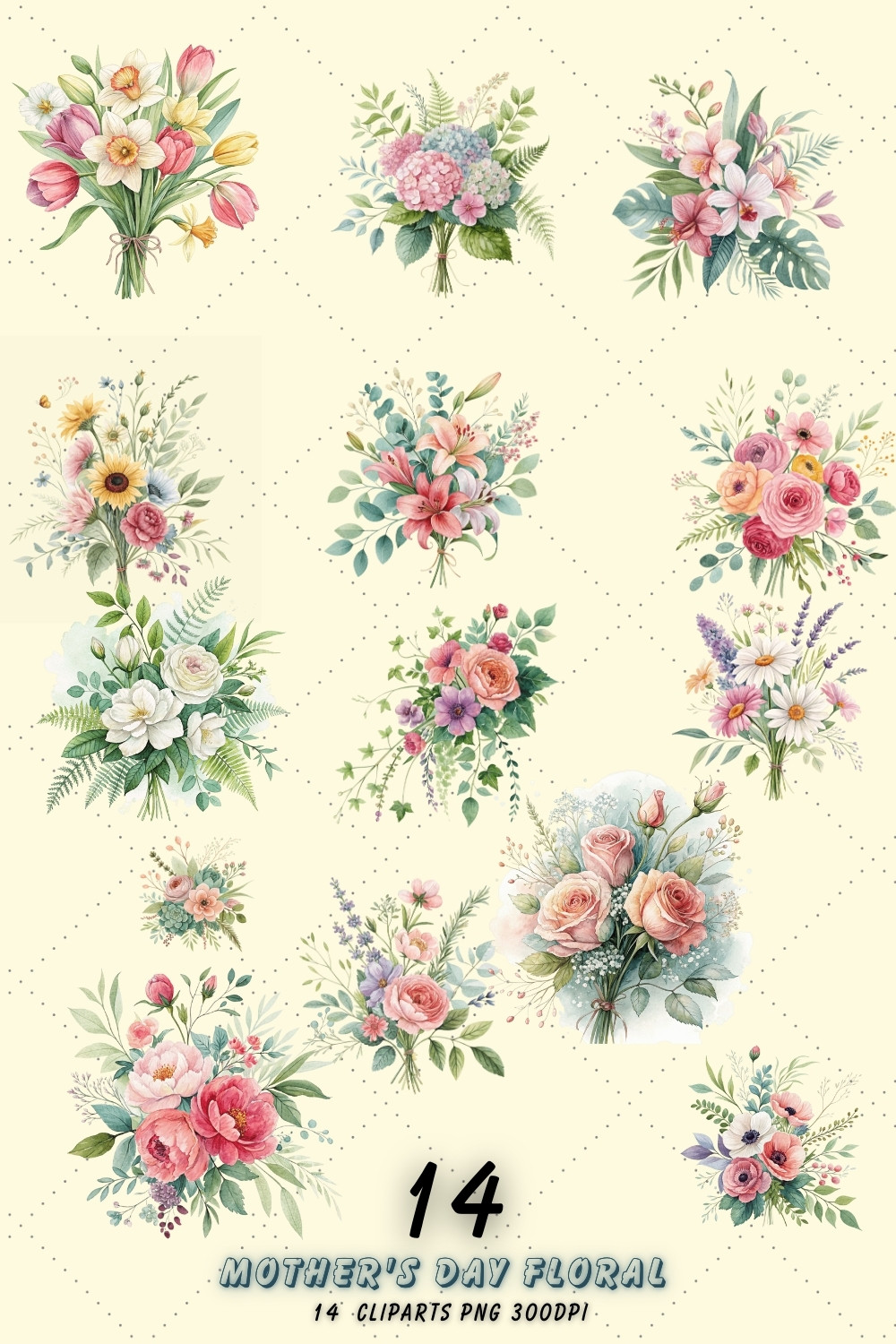 Watercolor Floral Bouquet Clipart Bundle – Perfect for Mother's Day Sublimation, Scrapbooking, and Decor pinterest preview image.