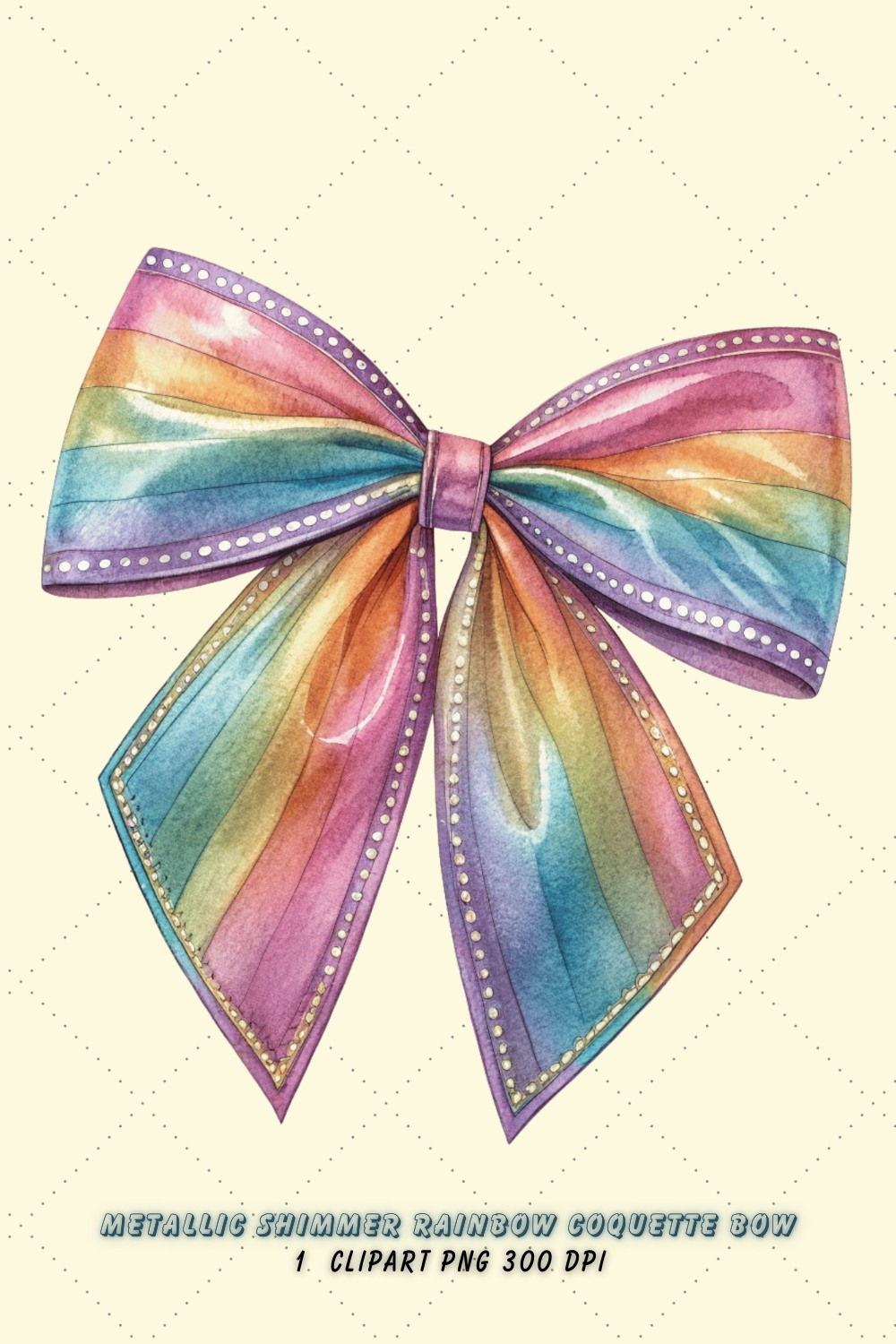 Metallic Shimmer Rainbow Coquette Bow Clipart with Shimmer, metallic rainbow bow, shimmering coquette bow, luxurious bow design, rainbow clipart art, digital bow design, metallic shimmer design, shimmering bow art, luxurious rainbow shimmer, coquette bow art, rainbow sublimation design pinterest preview image.