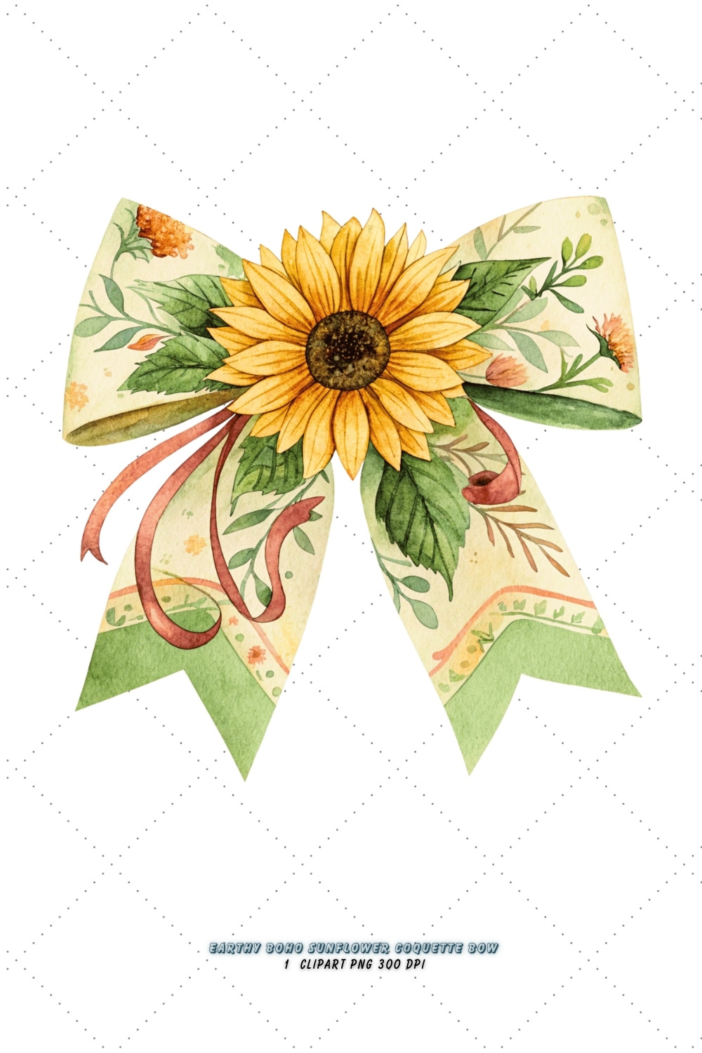 Earthy Boho Sunflower Coquette Bow Clipart, earthy boho bow, sunflower coquette bow, rustic bow design, boho sunflower clipart, digital bow design, natural earthy bow, sunflower bow art, boho rustic design, coquette bow art, sunflower sublimation design pinterest preview image.