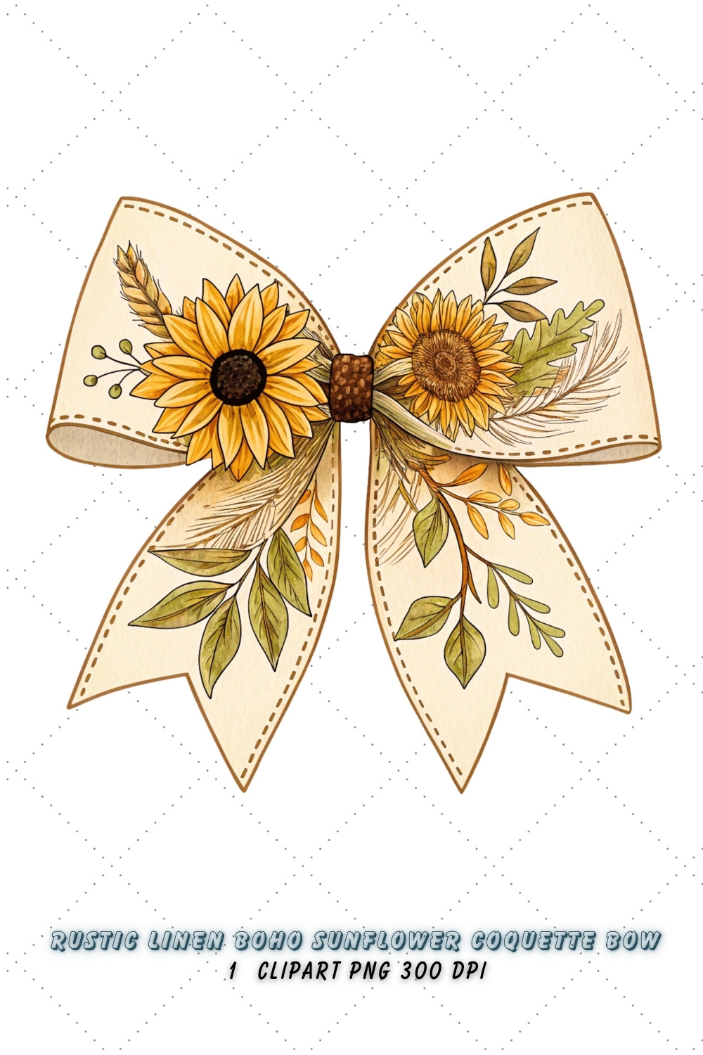 Rustic Linen Boho Sunflower Coquette Bow Clipart, rustic boho bow, sunflower coquette bow, natural bow design, boho sunflower clipart, digital bow design, textured linen bow, sunflower bow art, boho rustic design, coquette bow art, sunflower sublimation design pinterest preview image.