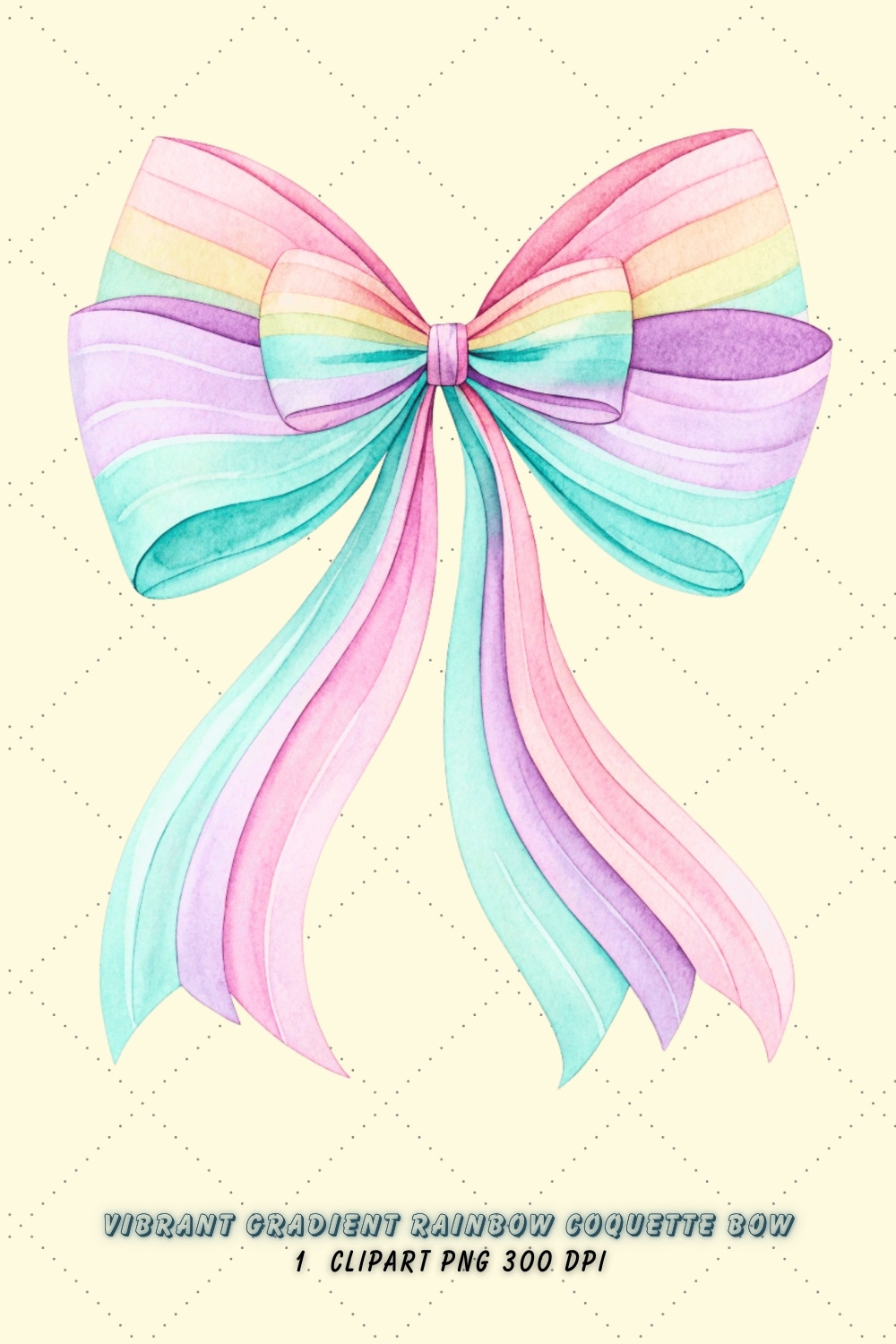 Pastel Rainbow Coquette Bow Clipart, pastel rainbow bow, soft coquette bow, elegant bow design, rainbow clipart art, digital bow design, sublimation bow clipart, pastel bow art, soft rainbow design, coquette bow art, rainbow sublimation design pinterest preview image.