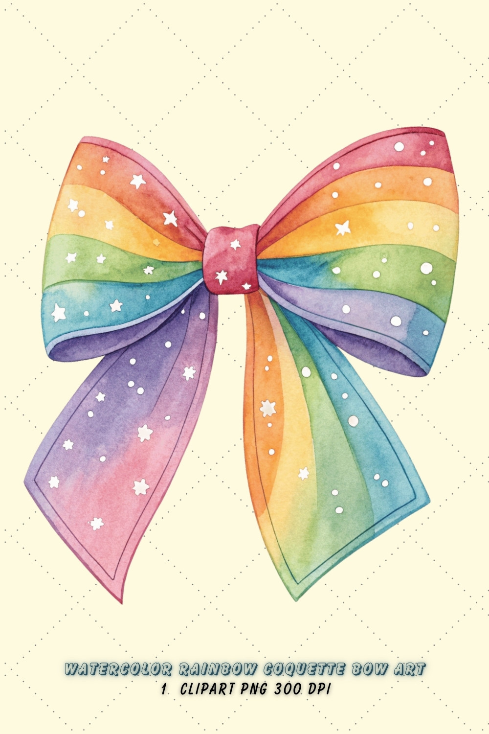 Watercolor Rainbow Coquette Bow Clipart with Blended Colors, watercolor rainbow bow, blended coquette bow, artistic bow design, rainbow clipart art, digital bow design, watercolor blend design, blended bow art, artistic rainbow blend, coquette bow art, rainbow sublimation design pinterest preview image.