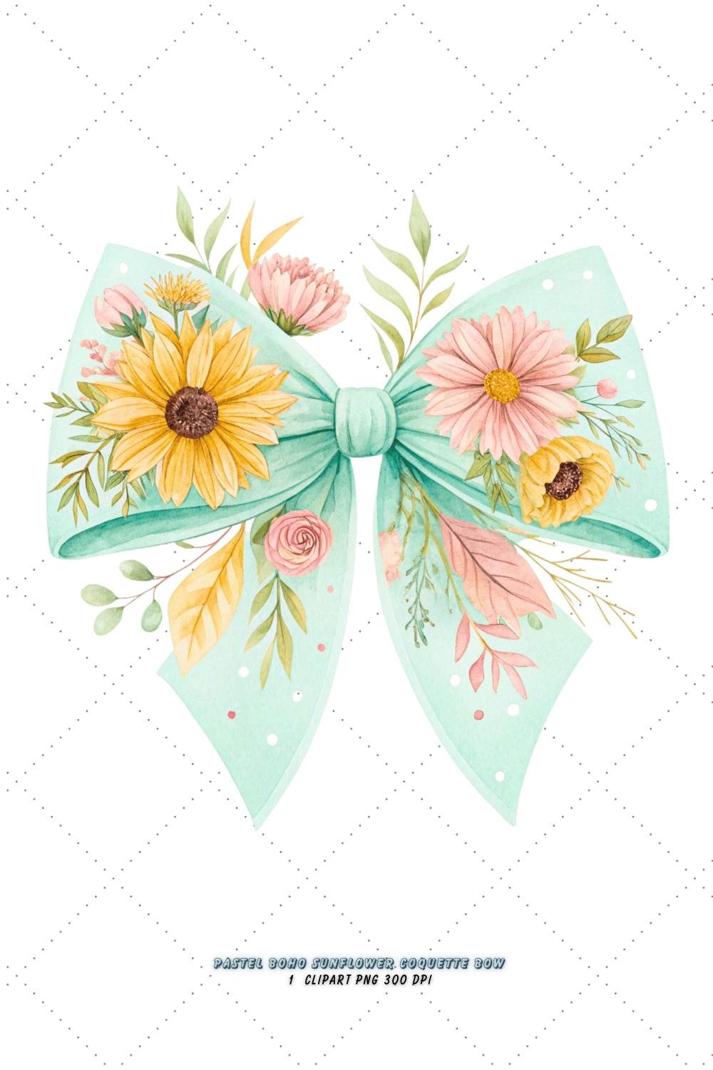 Pastel Boho Sunflower Coquette Bow Clipart, pastel boho bow, sunflower coquette bow, soft bow design, boho sunflower clipart, digital bow design, whimsical pastel bow, sunflower bow art, pastel rustic design, coquette bow art, sunflower sublimation design pinterest preview image.