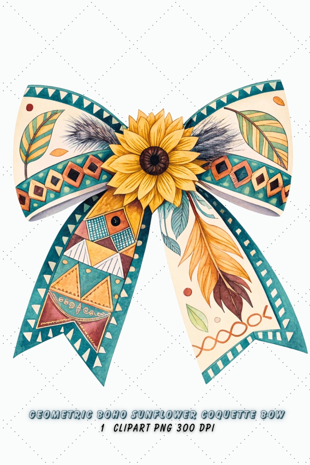 Geometric Boho Sunflower Coquette Bow Clipart, geometric boho bow, sunflower coquette bow, modern bow design, boho sunflower clipart, digital bow design, patterned geometric bow, sunflower bow art, boho modern design, coquette bow art, sunflower sublimation design pinterest preview image.