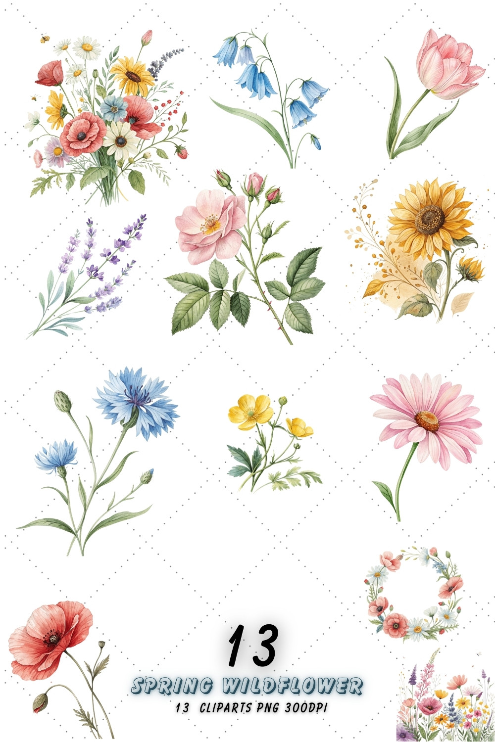 Spring Wildflower Sublimation Clipart Bundle – Watercolor Wildflowers for T-Shirts, Mugs, and DIY Projects pinterest preview image.