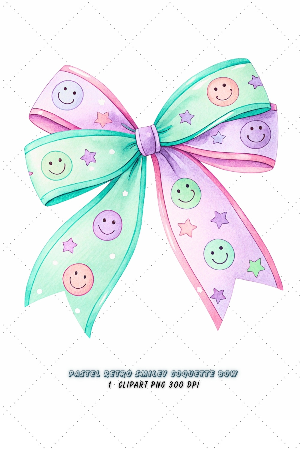 Pastel Retro Smiley Coquette Bow Clipart, pastel retro bow, smivintage ley coquette bow, bow design, retro smiley clipart, digital bow design, soft pastel bow, smiley bow art, pastel vintage design, coquette bow art, smiley sublimation design pinterest preview image.