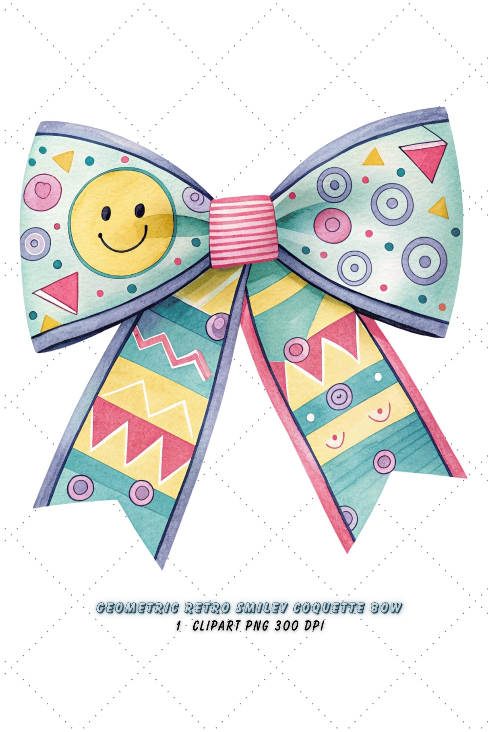 Geometric Retro Smiley Coquette Bow Clipart, geometric retro bow, smiley coquette bow, modern bow design, retro smiley clipart, digital bow design, patterned geometric bow, smiley bow art, geometric vintage design, coquette bow art, smiley sublimation design pinterest preview image.