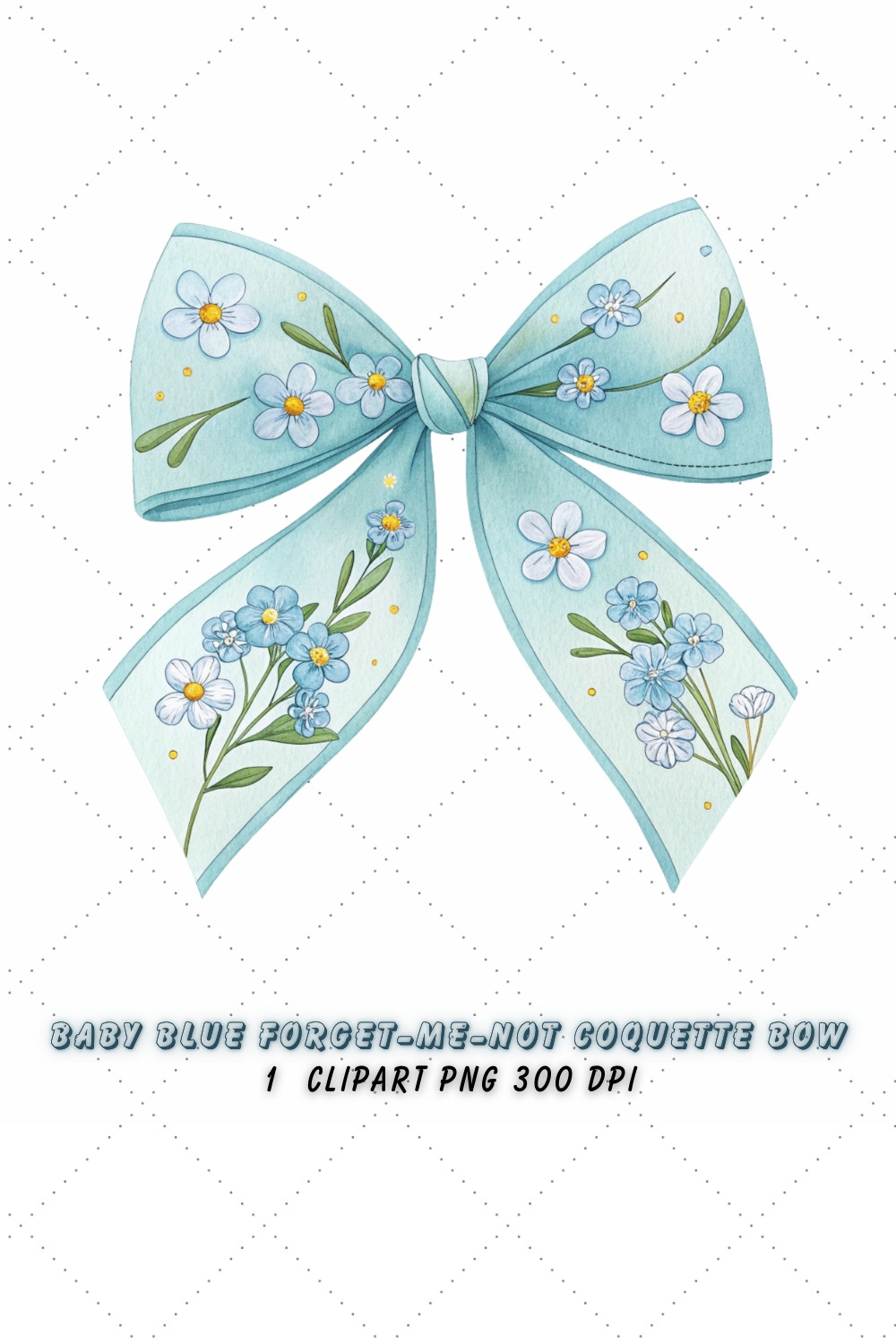 Baby Blue Forget-Me-Not Coquette Bow Clipart, baby blue bow, coquette bow clipart, spring floral bow, forget-me-not bow, digital bow design, blue floral bow, whimsical coquette bow, spring forget-me-not clipart, floral bow design, blue forget-me-not bow pinterest preview image.