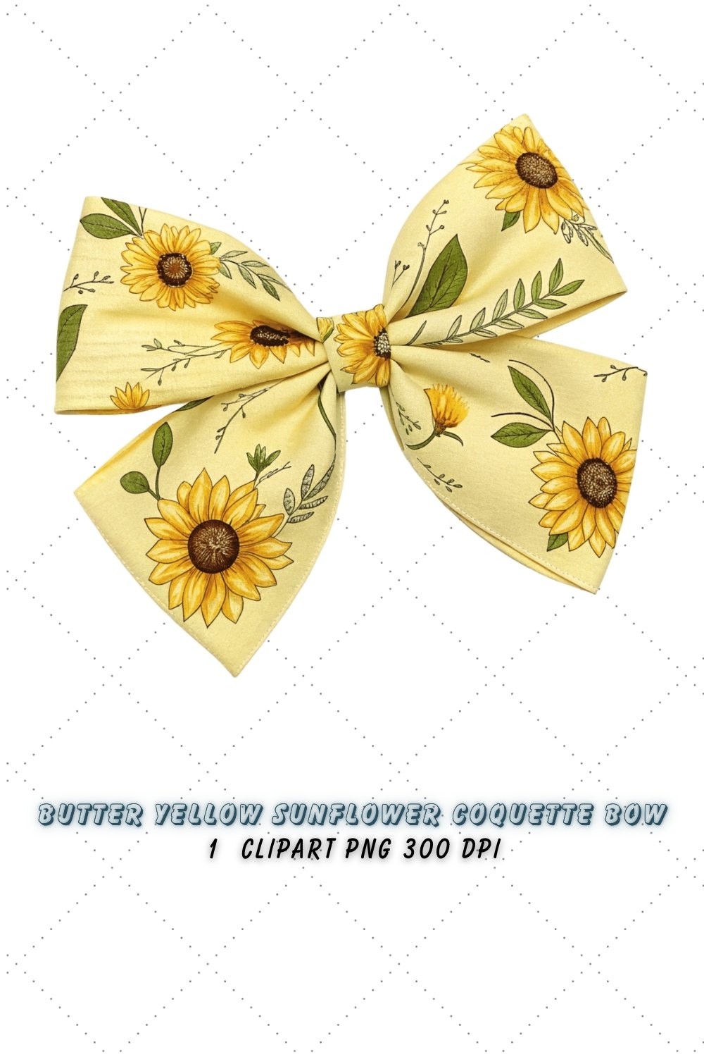 Butter Yellow Sunflower Coquette Bow Clipart, butter yellow bow, coquette bow clipart, spring floral bow, sunflower flower bow, digital bow design, yellow floral bow, cheerful coquette bow, spring sunflower clipart, floral bow design, yellow sunflower bow pinterest preview image.