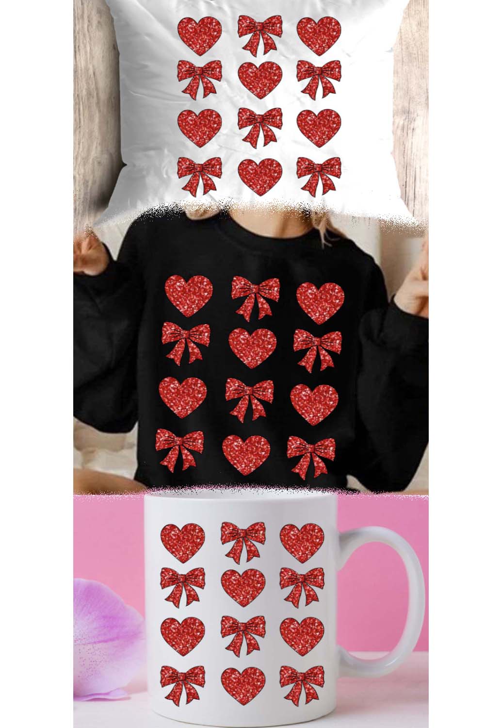 Glitter Red Heart Valentine Coquette Bow Clipart & Design pinterest preview image.