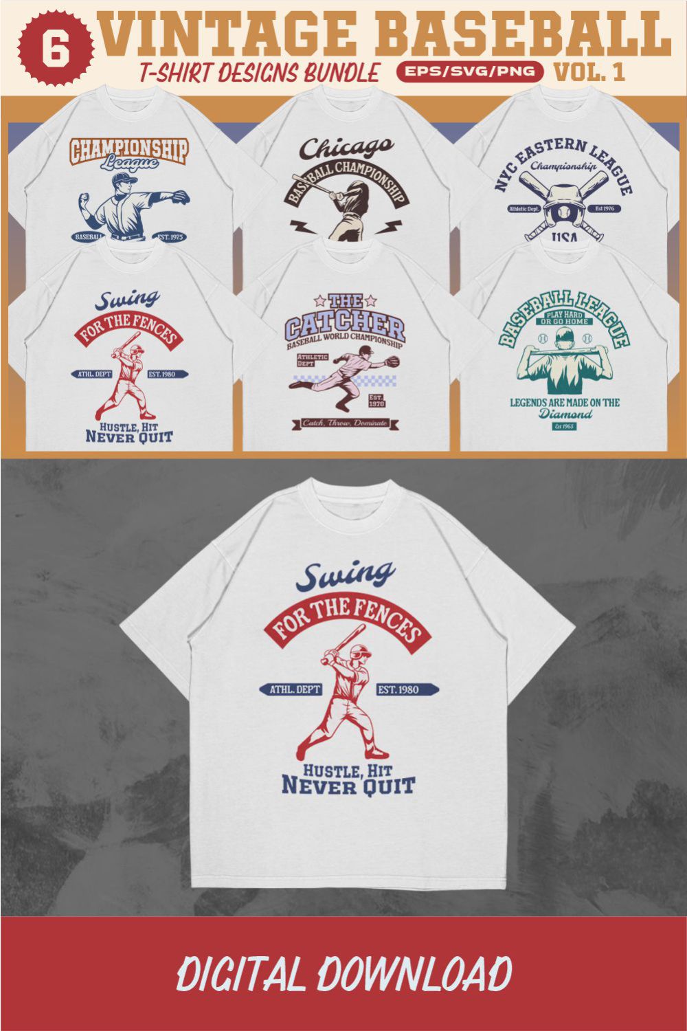 Vintage Baseball T-shirt Designs Vector Bundle v1 pinterest preview image.