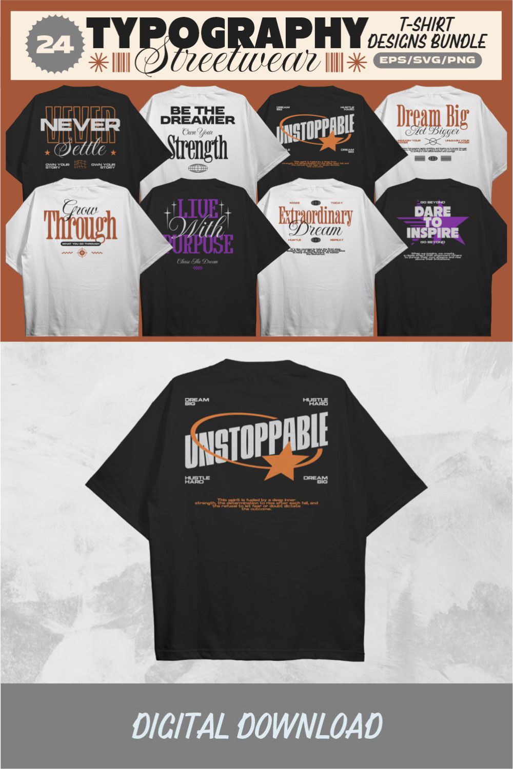 Typography Streetwear T-shirt Designs Vector Bundle pinterest preview image.